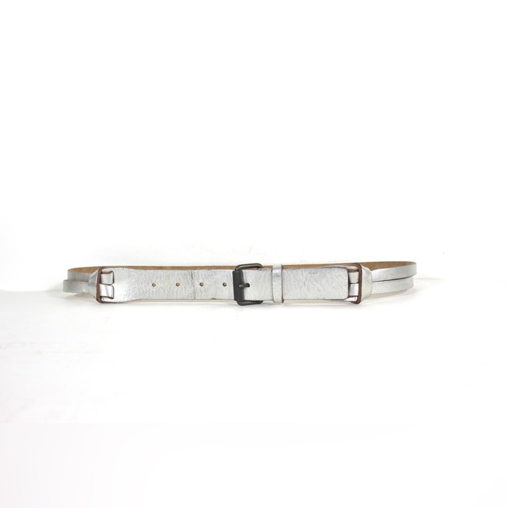 Metallic Silver Leather Belt with Split Back and Dark Brass Buckle